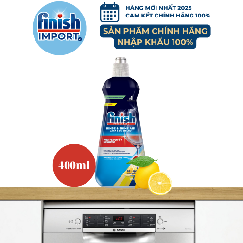 Chai 400ml nước làm bóng chén Finish (Hương Chanh) – (Hỗ trợ sấy khô và không bị đọng nước trên ly thủy tinh).